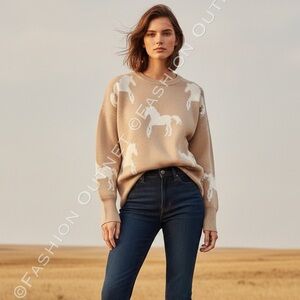 Jason Wu Equestrian Horse Print Sweater XL Tan Neutral Coastal Grandmacore NWT